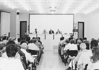 Antonio Cirignano, Enzo Restagno, Ugo Perone e Roman Vlad nella sala conferenze della Galleria Civica d'Arte Moderna e Contemporanea