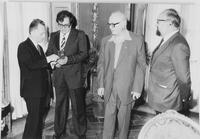 L'Assessore per la Cultura Giorgio Balmas con Luciano Berio, Olivier Messiaen e Krzysztof Penderecki a Palazzo Civico